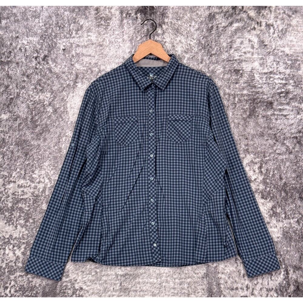 Kuhl Shirt XL Womens Blue Green Gingham Check Nylon Button Up Hiking Long Sleeve
